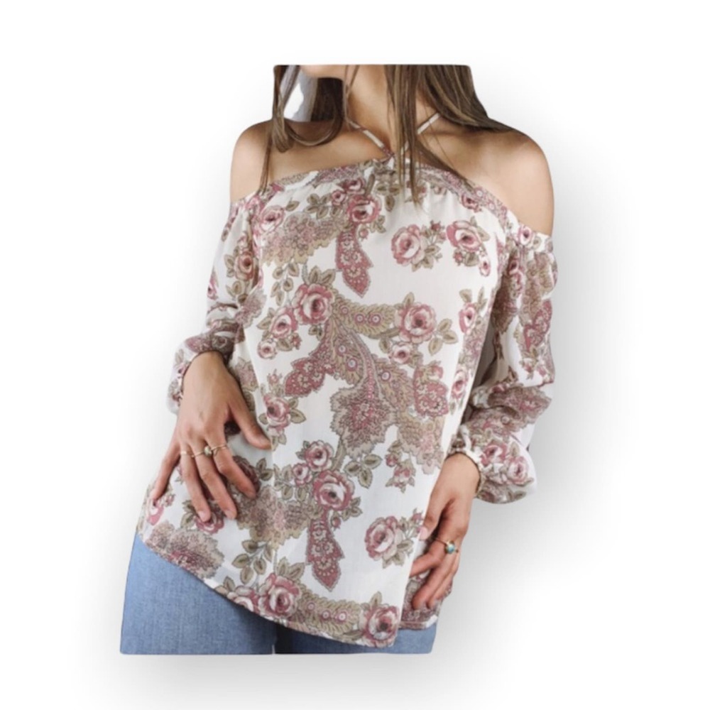 WAYF | Boho Floral Satin Cold Shoulder Blouse Strappy V Neckline •